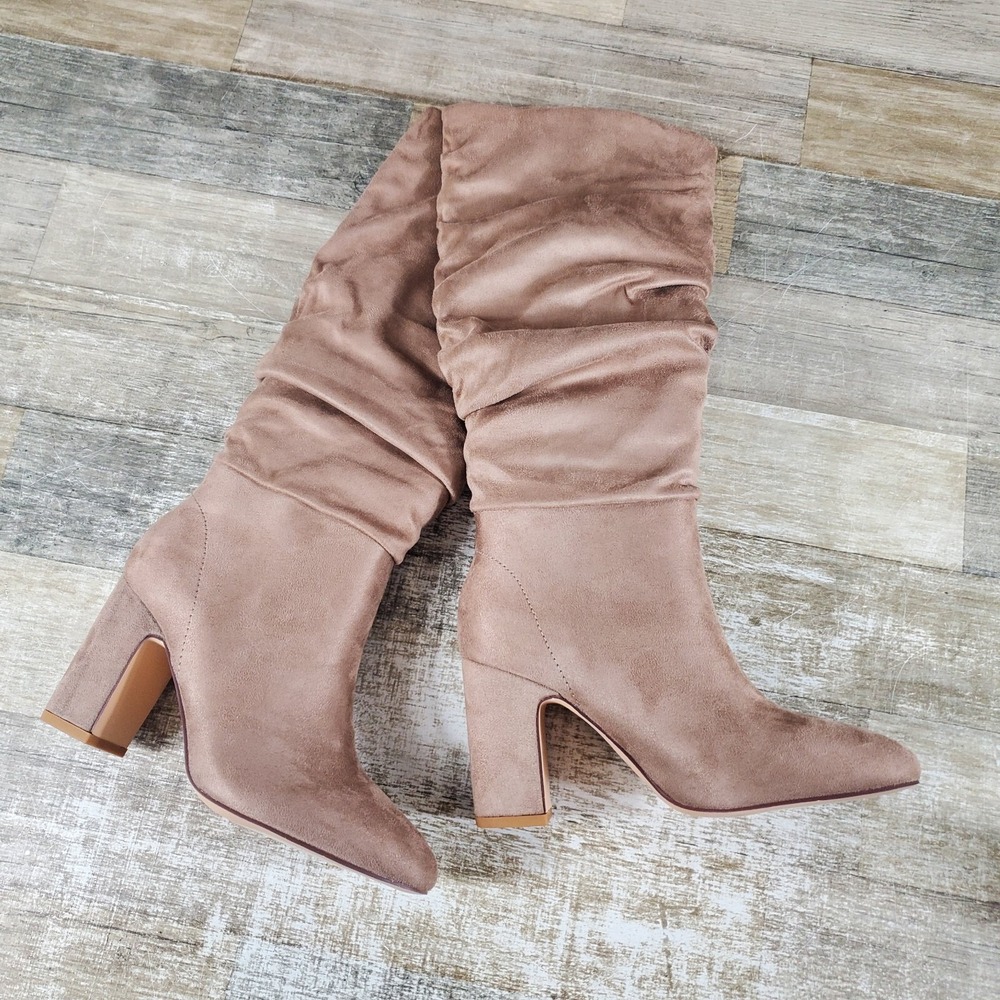 Chinese Laundry Kipton Womens Boots‎ Sz 6 Taupe Suedette Knee High Block Pull On